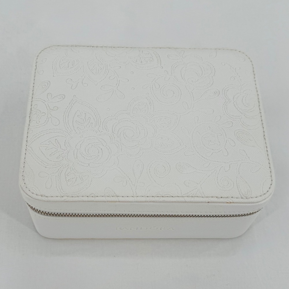 Pandora White Floral Embossed Jewelry Box Travel Case Organizer Faux Leather